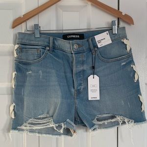 Jean short Cute side laced-up shorts/ destructed